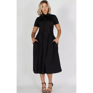 Black Formal Short Sleeve Neck Tie Dress with Side Pockets Size XXL